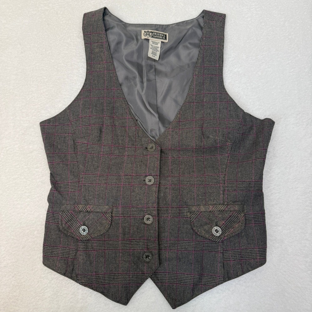 Y2K Route 66 Plaid Button Up Vest Womens Large Gray Black Academia Grunge